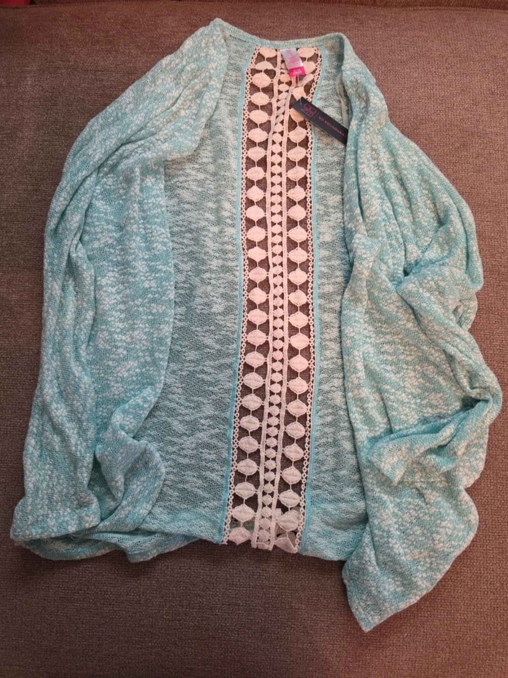 No Boundaries Aqua Open-Front Cardigan with Crochet Trim